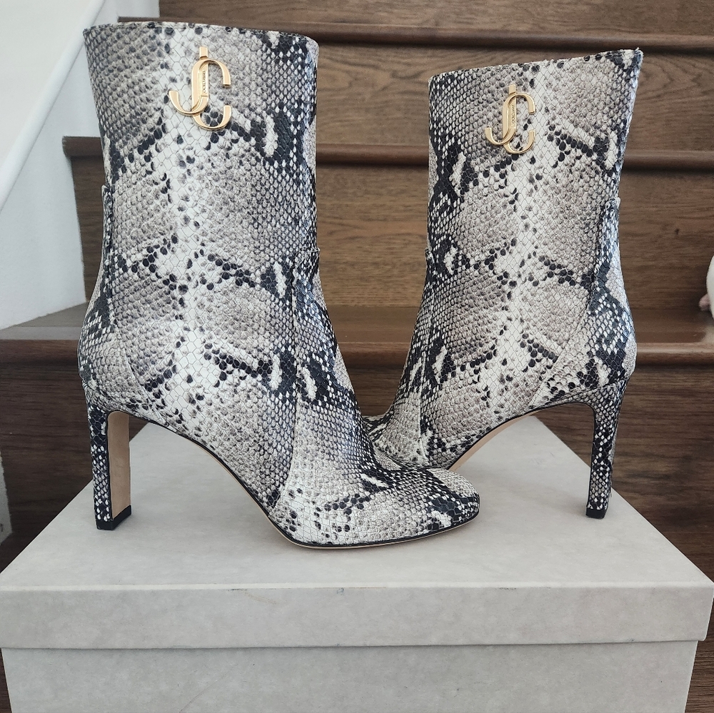 Jimmy Choo Size 37 Snake Skin Short Stiletto Boots With Golden Logo Hardware